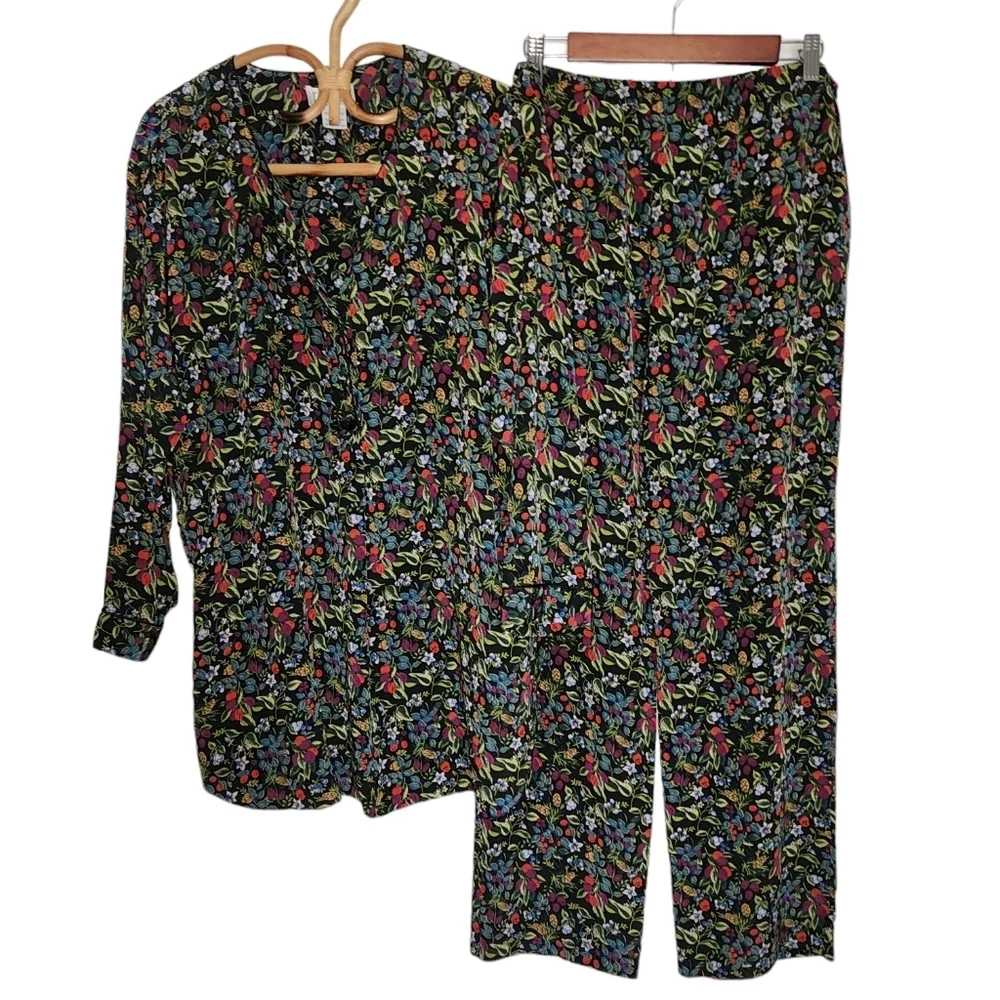VTG Jennifer Moore Wildflower Silky Pajama Pant Set Black Floral S